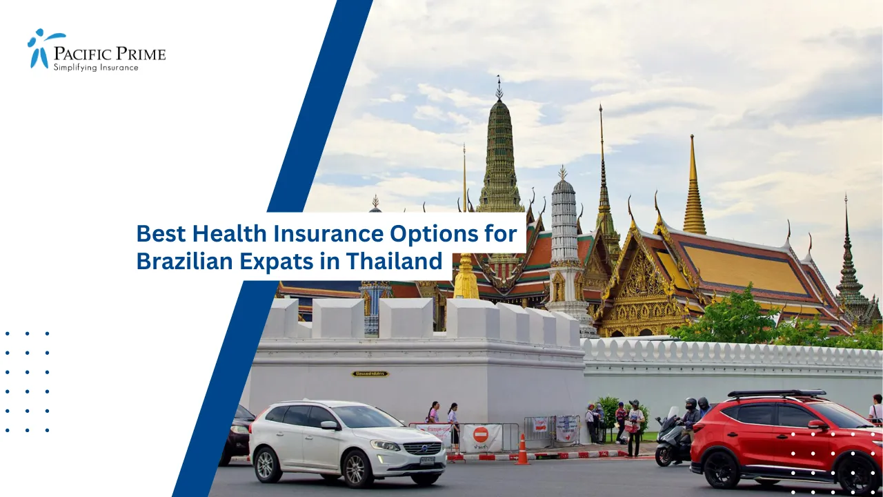 Image of Grand Palace In Bangkok With Busy Street Traffic with text overlay of "Best Health Insurance Options for Brazilian Expats in Thailand"