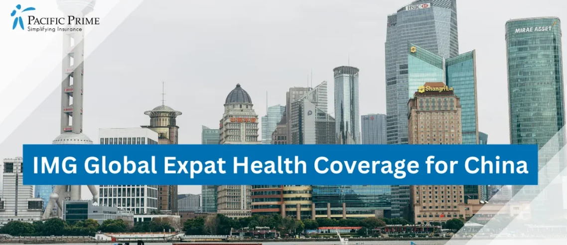 Image of Gray And Red Boat On Water with text overlay of "IMG Global Expat Health Coverage for China"