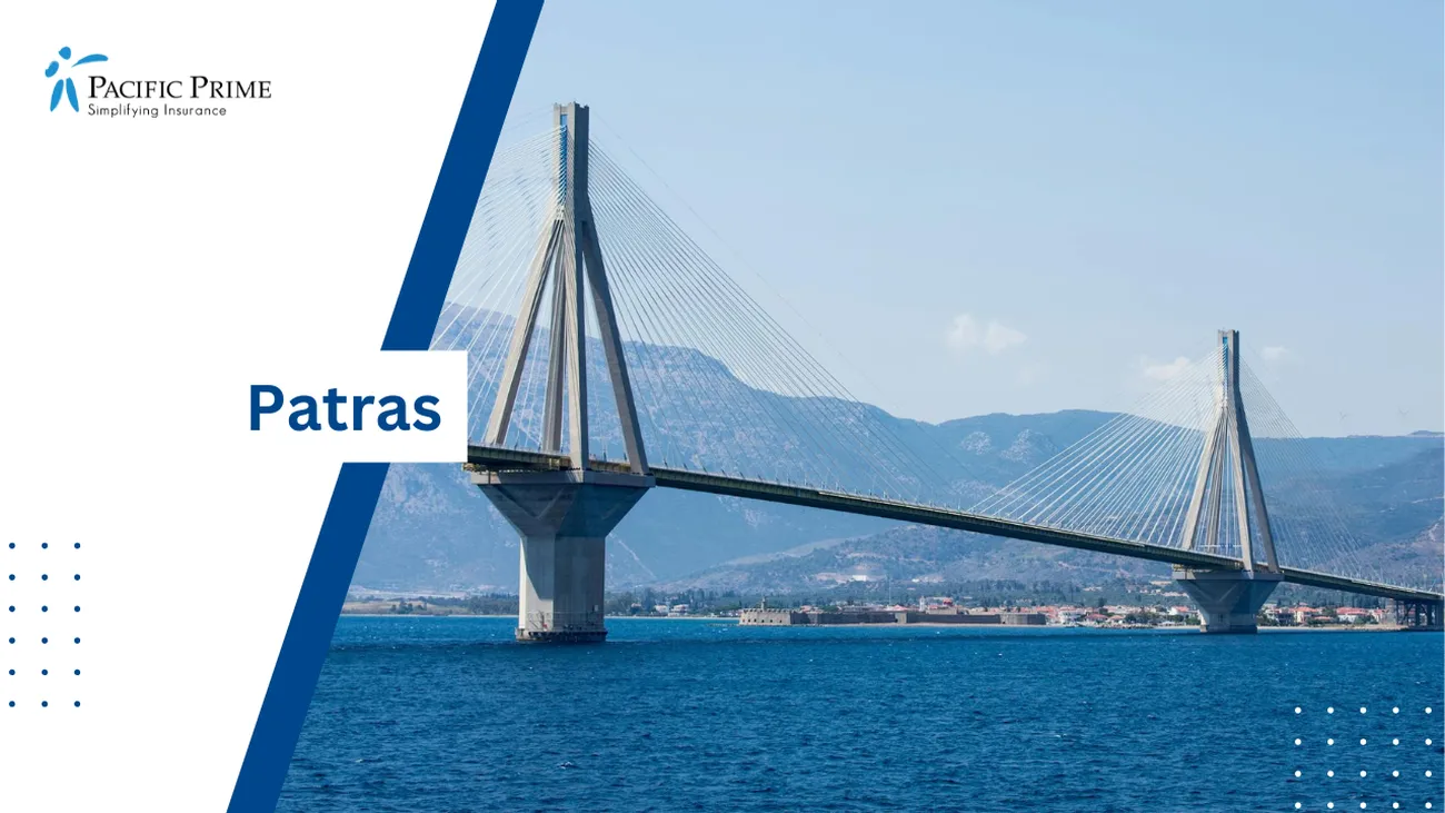 Image of Gray Concrete Bridge Spanning The Sea In Patras, Greece with text overlay of "Patras"