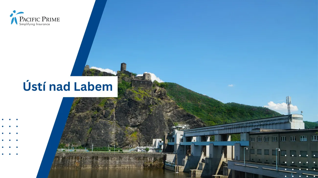 Image of Gray Concrete Dam With Střekov Castle In Ústí Nad Labem with text overlay of "Ústí nad Labem"