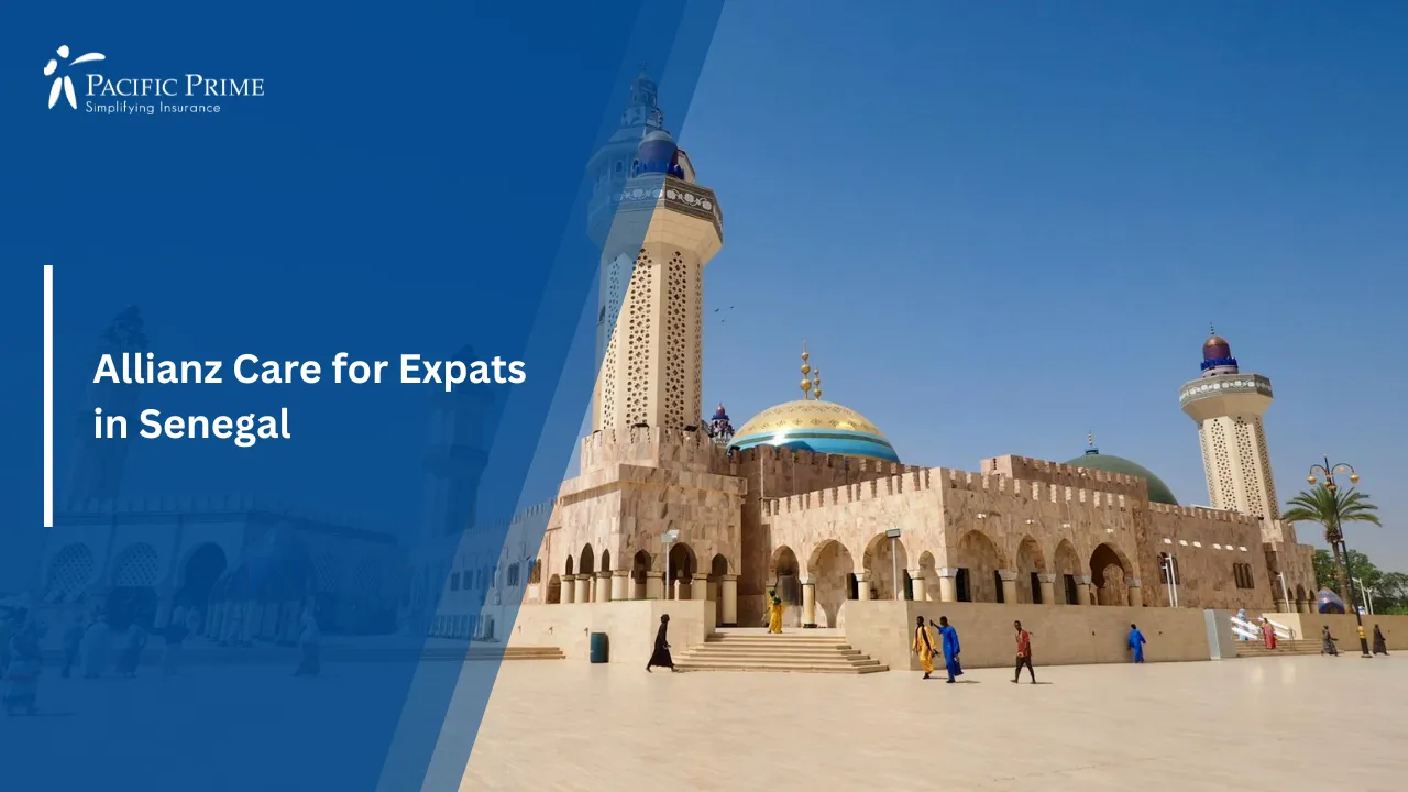 Image of Great Mosque With Minarets In Touba, Senegal with text overlay of "Allianz Care for Expats in Senegal"