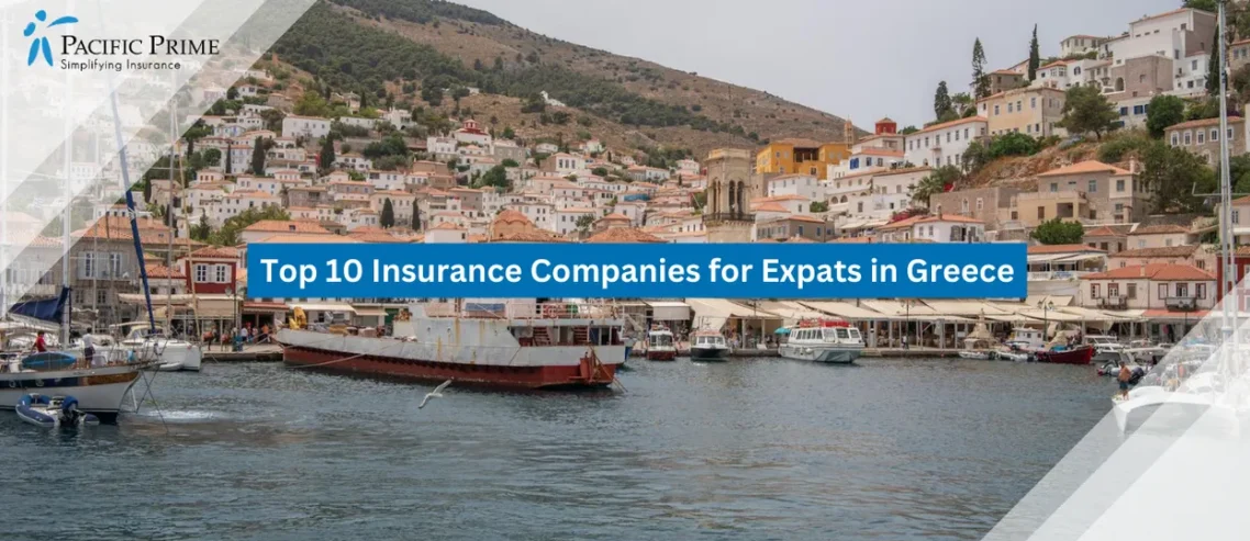 Image of Greek Seaside Marina With Moored Boats Along A Tranquil Coastal Harbor And Town Promenade with text overlay of "Top 10 Insurance Companies for Expats in Greece"