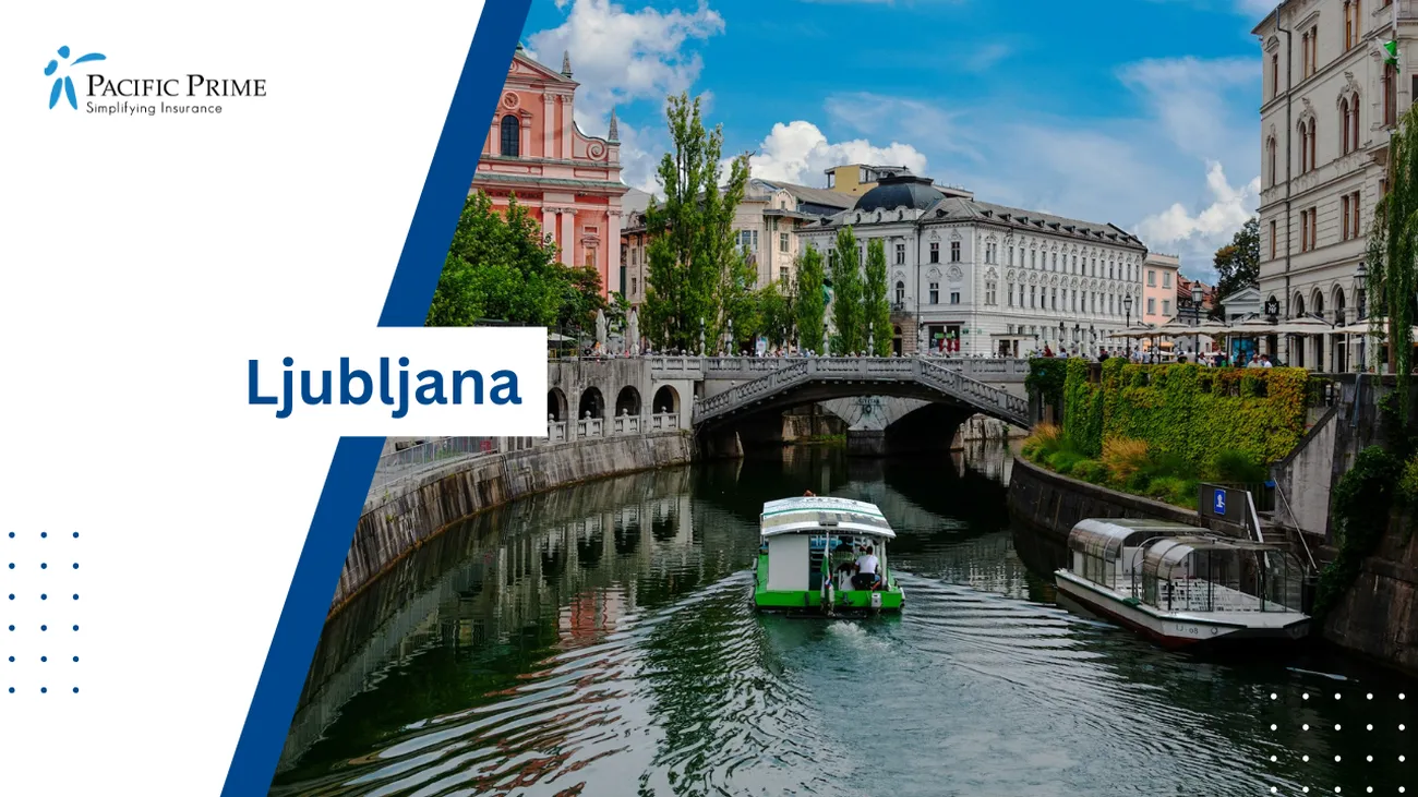 Image of Green Boat On River Near A Bridge In Ljubljana, Slovenia with text overlay of "Ljubljana"
