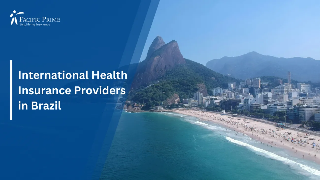 Image of Green Mountain By The Water In Rio De Janeiro, Brazil, During The Day with text overlay of "International Health Insurance Providers in Brazil"