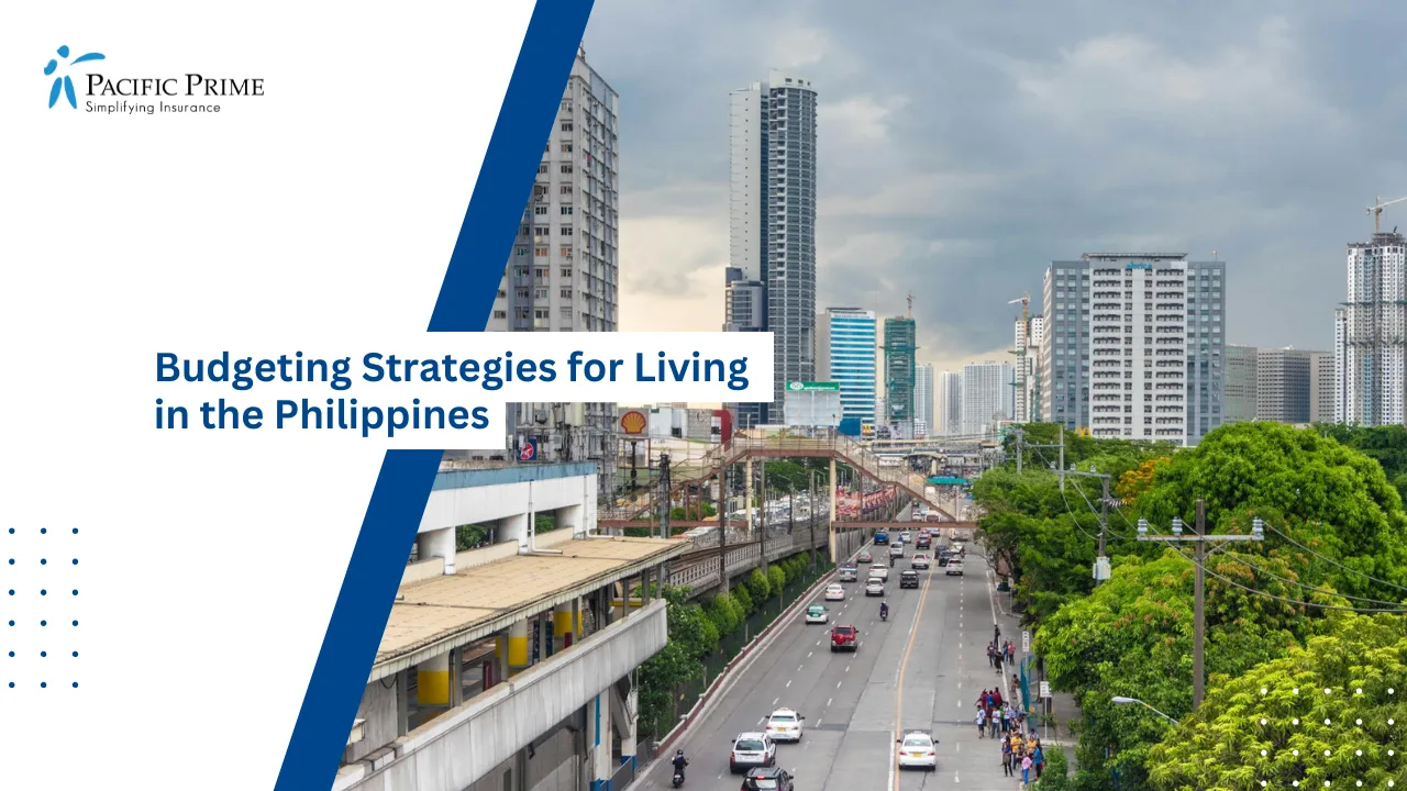 Image of Green Roadside Trees Along A Street In Manila, Philippines with text overlay of "Budgeting Strategies for Living in the Philippines"