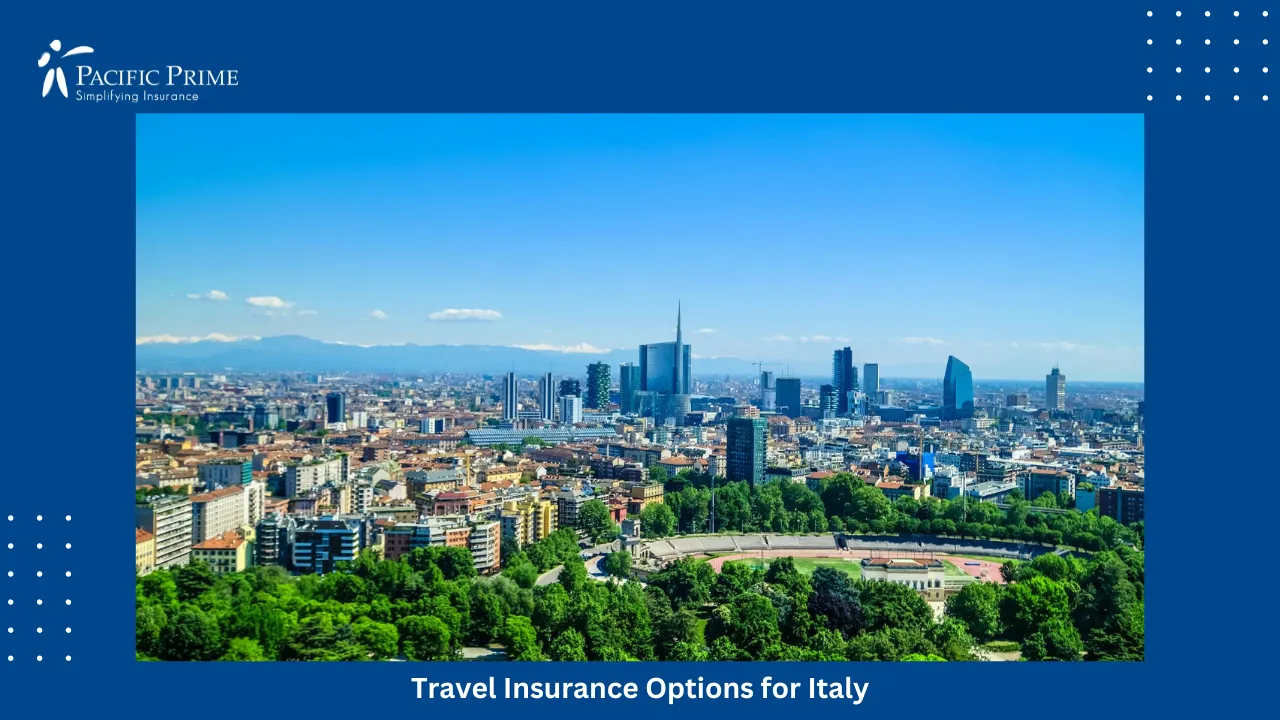 Image of Green Trees Lining Modern Buildings In Milan, Lombardy, Italy with text overlay of "Travel Insurance Options for Italy"