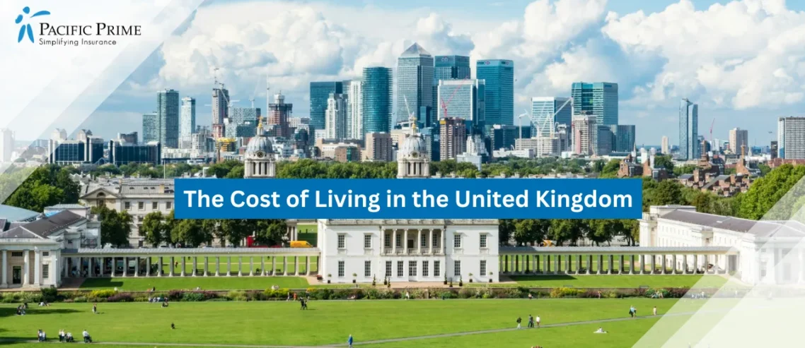 Image of Greenwich College Overlooking Docklands Towers From The Park Grounds with text overlay of "The Cost of Living in the United Kingdom in 2026"