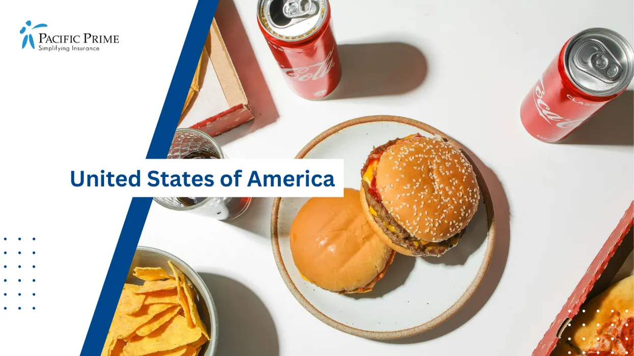 Image of Grilled Hamburger Stacked With Toppings On A White Ceramic Dish with text overlay of "United States of America"