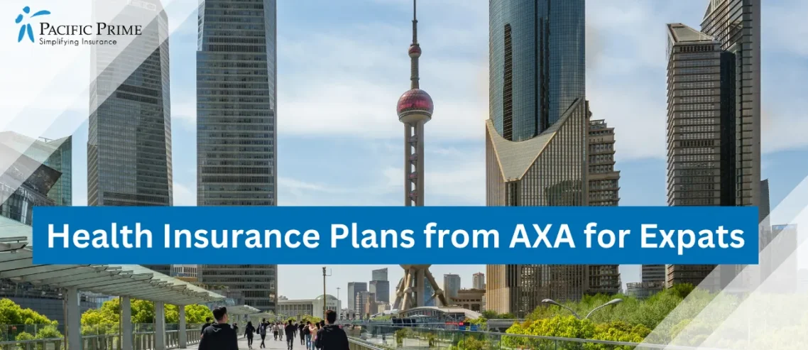 Image of Group Crossing A Bridge With The Oriental Pearl Tower In Shanghai with text overlay of "Health Insurance Plans from AXA for Expats"