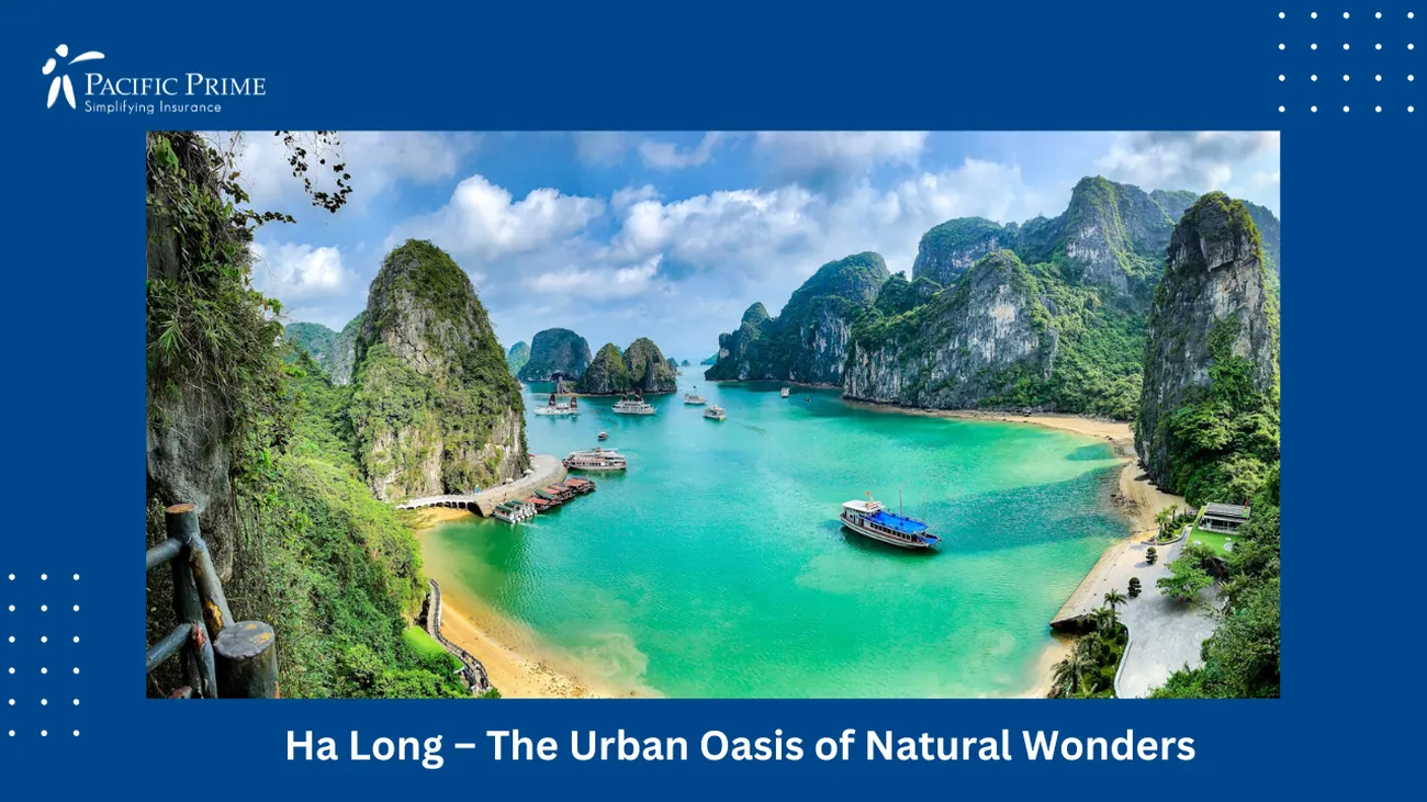 Image of Group Of Boats Floating On Ha Long Bay, Vietnam with text overlay of "Ha Long – The Urban Oasis of Natural Wonders"