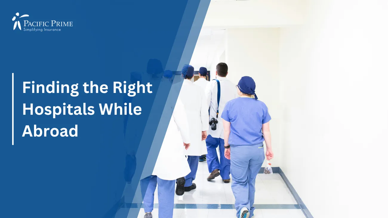 Image of Group Of Doctors Walking Down A Hospital Hallway During A Medical Mission with text overlay of "Finding the Right Hospitals While Abroad"