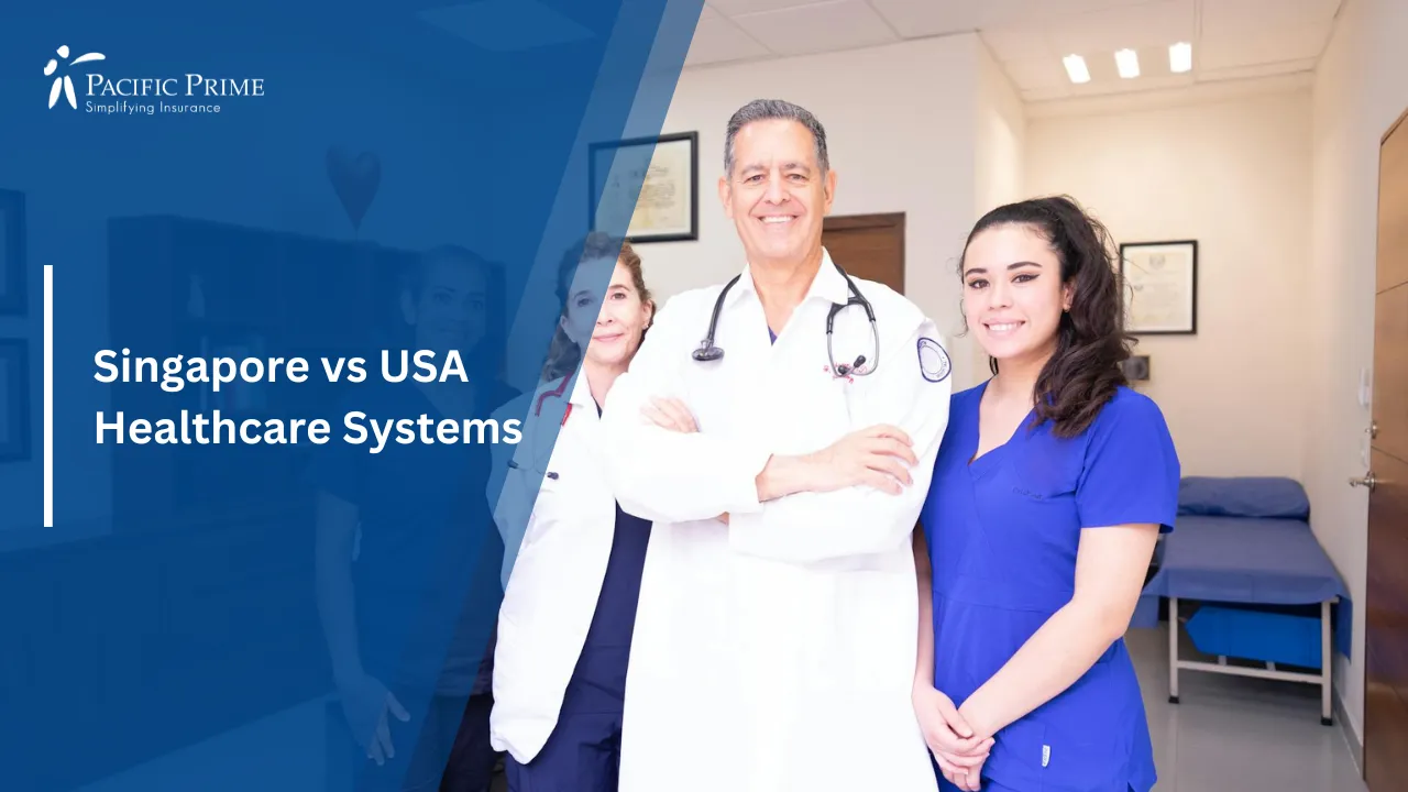 Image of Group Of Healthcare Professionals Working Together In A Clinic with text overlay of "Singapore vs USA Healthcare Systems"