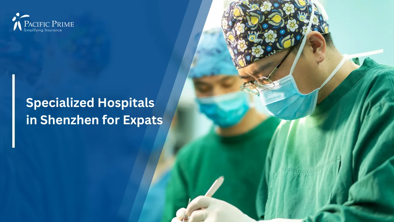 Image of Group Of Medical Doctors Standing Together In Discussion with text overlay of "Specialized Hospitals in Shenzhen for Expats"