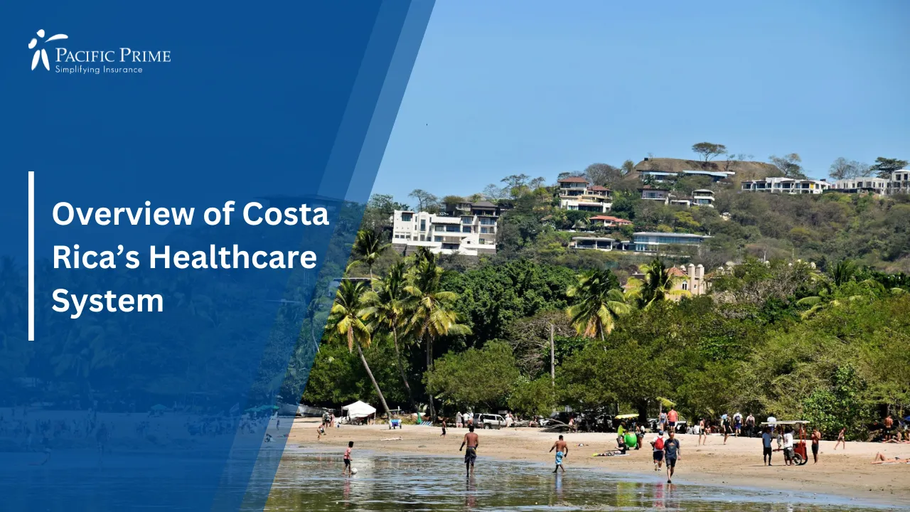Image of Group Of People Gathered On Sandy Beach In Playa Tamarindo, Costa Rica with text overlay of "Overview of Costa Rica’s Healthcare System"