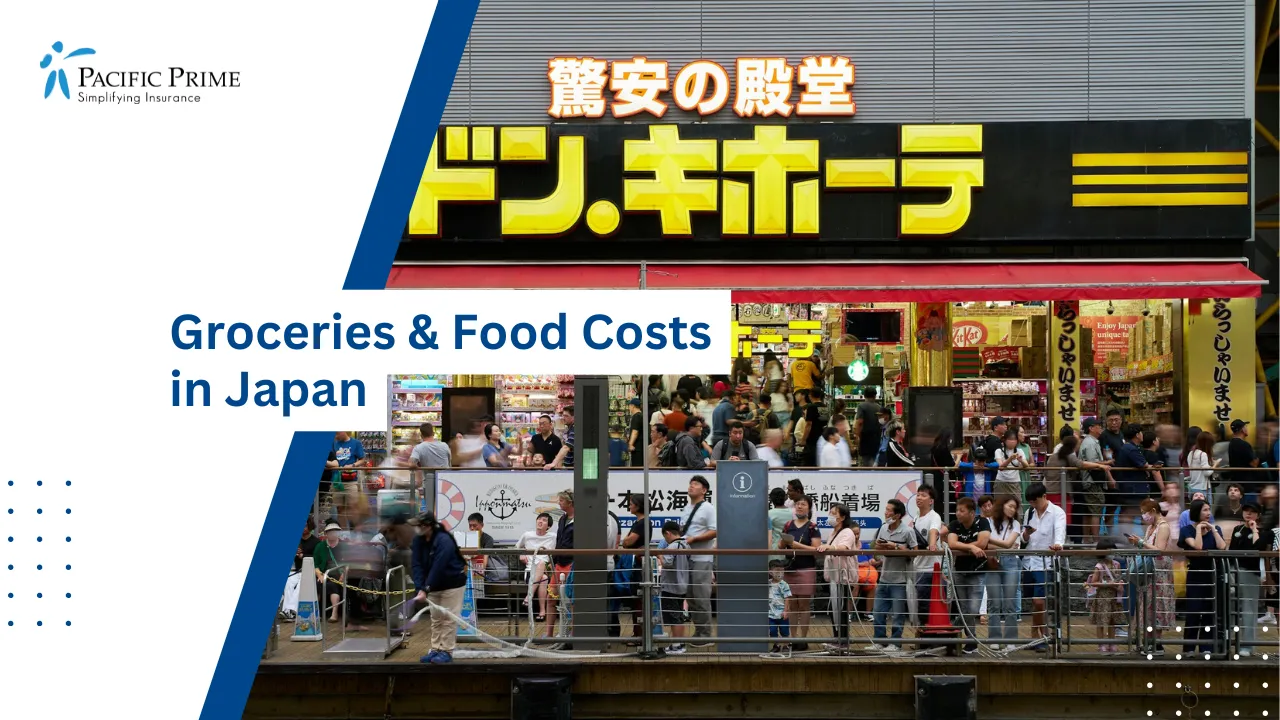 Image of Group Of People Gathered Outside A Storefront In Japan with text overlay of "Groceries & Food Costs in Japan"