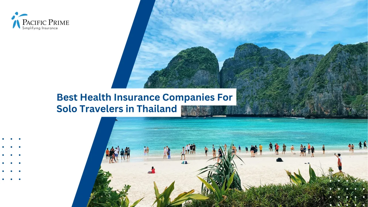 Image of Group Of People On A Sandy Beach In Phuket, Thailand with text overlay of "Best Health Insurance Companies For Solo Travelers in Thailand"