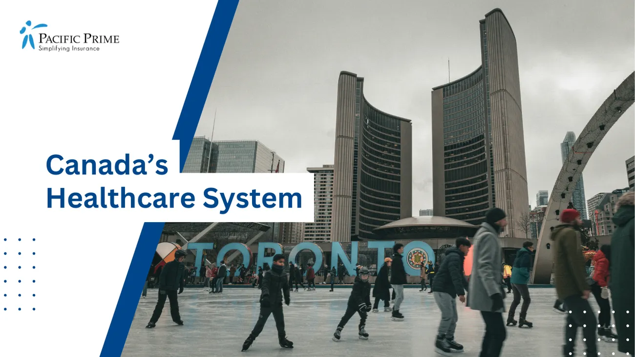 Image of Group Of People Walking In Downtown Toronto, Ontario, Canada with text overlay of "Canada’s Healthcare System"