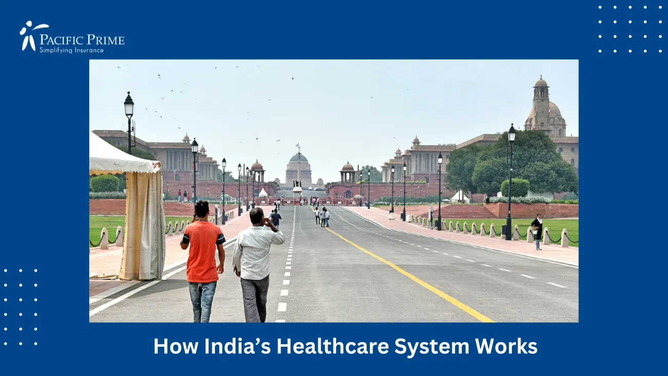 Image of Group Of People Walking Near Rashtrapati Bhawan, New Delhi, India with text overlay of "How India’s Healthcare System Works"