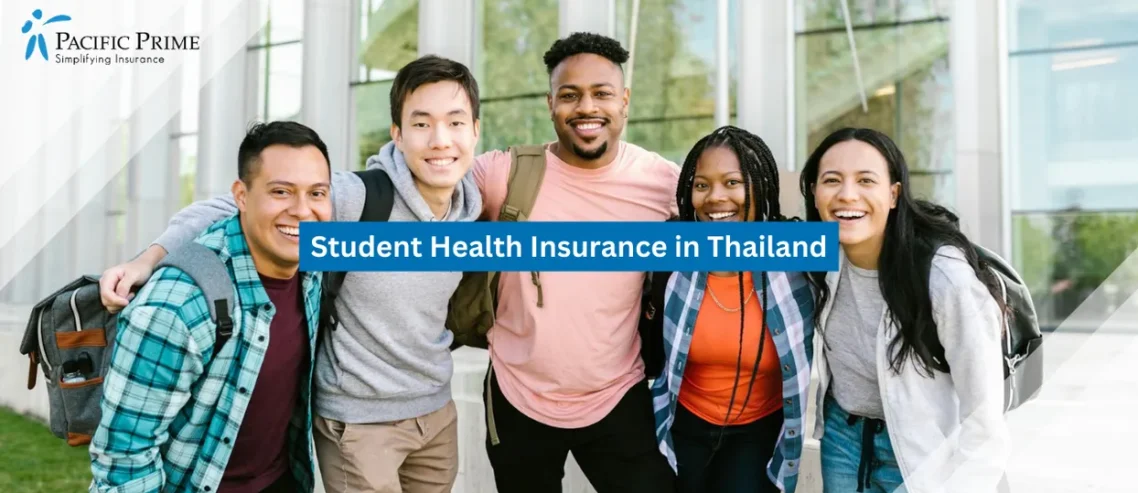 Image of Group Of University Students Gathered Closely On Campus Grounds with text overlay of "Student Health Insurance in Thailand"
