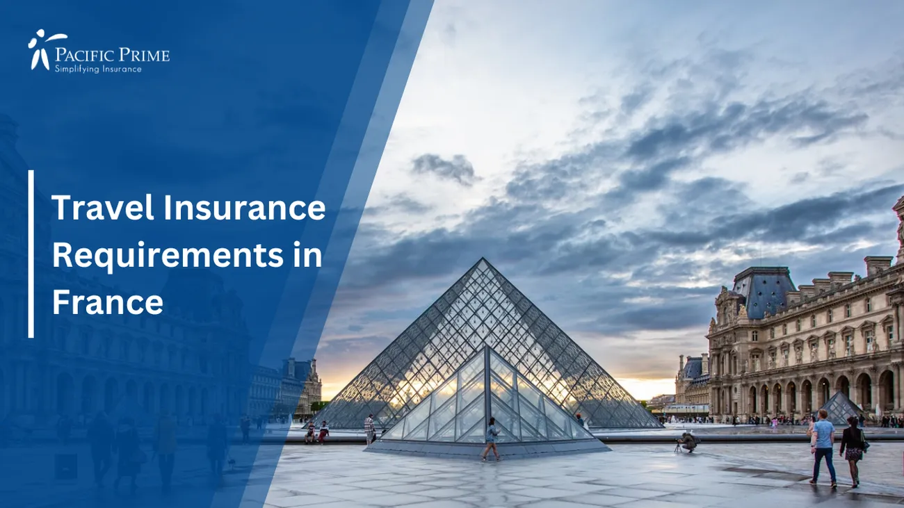 Image of Group Of Visitors At The Louvre's Glass Pyramid In Paris, France with text overlay of "Travel Insurance in France"
