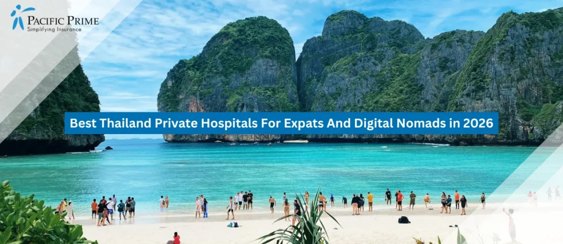 Image of Group Of Visitors Gathered Along A Sandy Beach In Phuket, Thailand with text overlay of "Best Thailand Private Hospitals For Expats And Digital Nomads in 2026"
