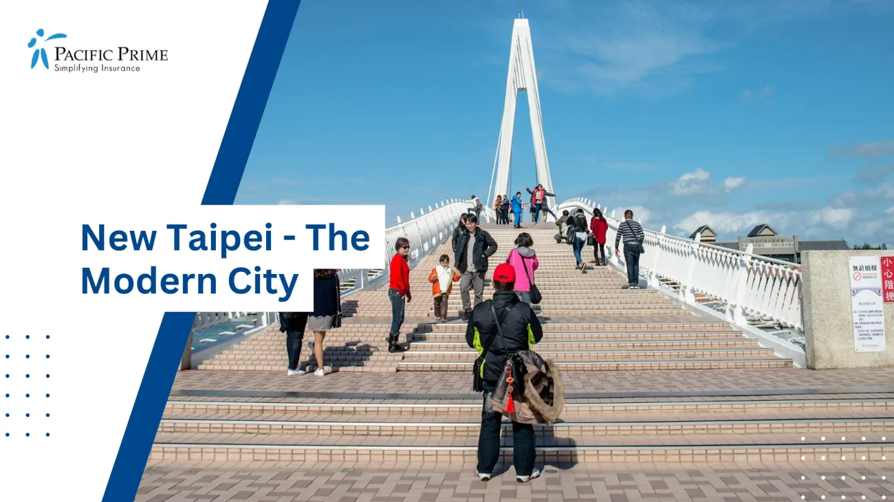 Image of Group Strolling On Lover's Bridge At Tamsui In New Taipei City with text overlay of "New Taipei - The Modern City"