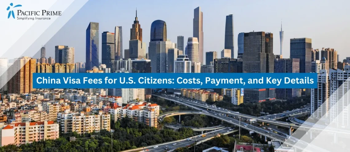 Image of Guangzhou City Skyline Under Clear Blue Sky with text overlay of "China Visa Fees for U.S. Citizens: Costs, Payment, and Key Details"