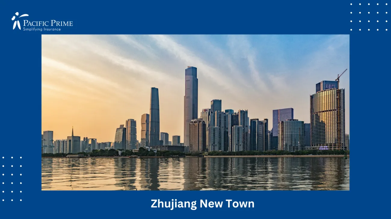 Image of Guangzhou Skyline Over Water With Zhujiang New Town Architecture with text overlay of "Zhujiang New Town"