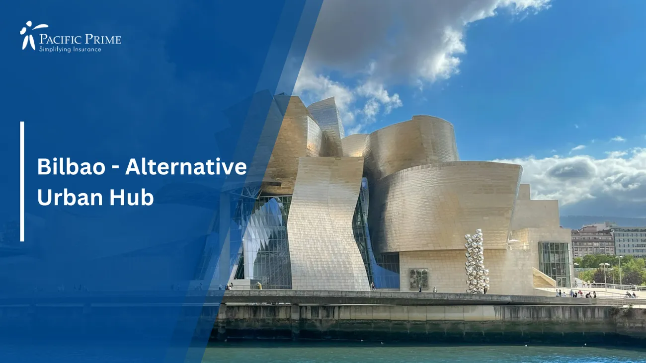Image of Guggenheim Bilbao Museum With A Striking Glass Facade with text overlay of "Bilbao - Alternative Urban Hub"