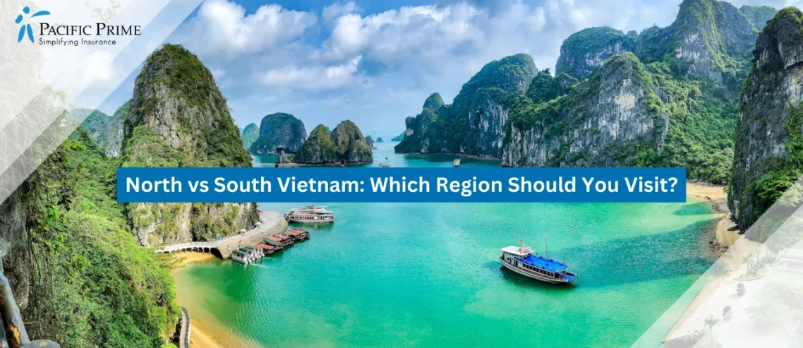 Image of Ha Long Bay Limestone Islands Rising From Calm Emerald Waters with text overlay of "North vs South Vietnam: Which Region Should You Visit?"