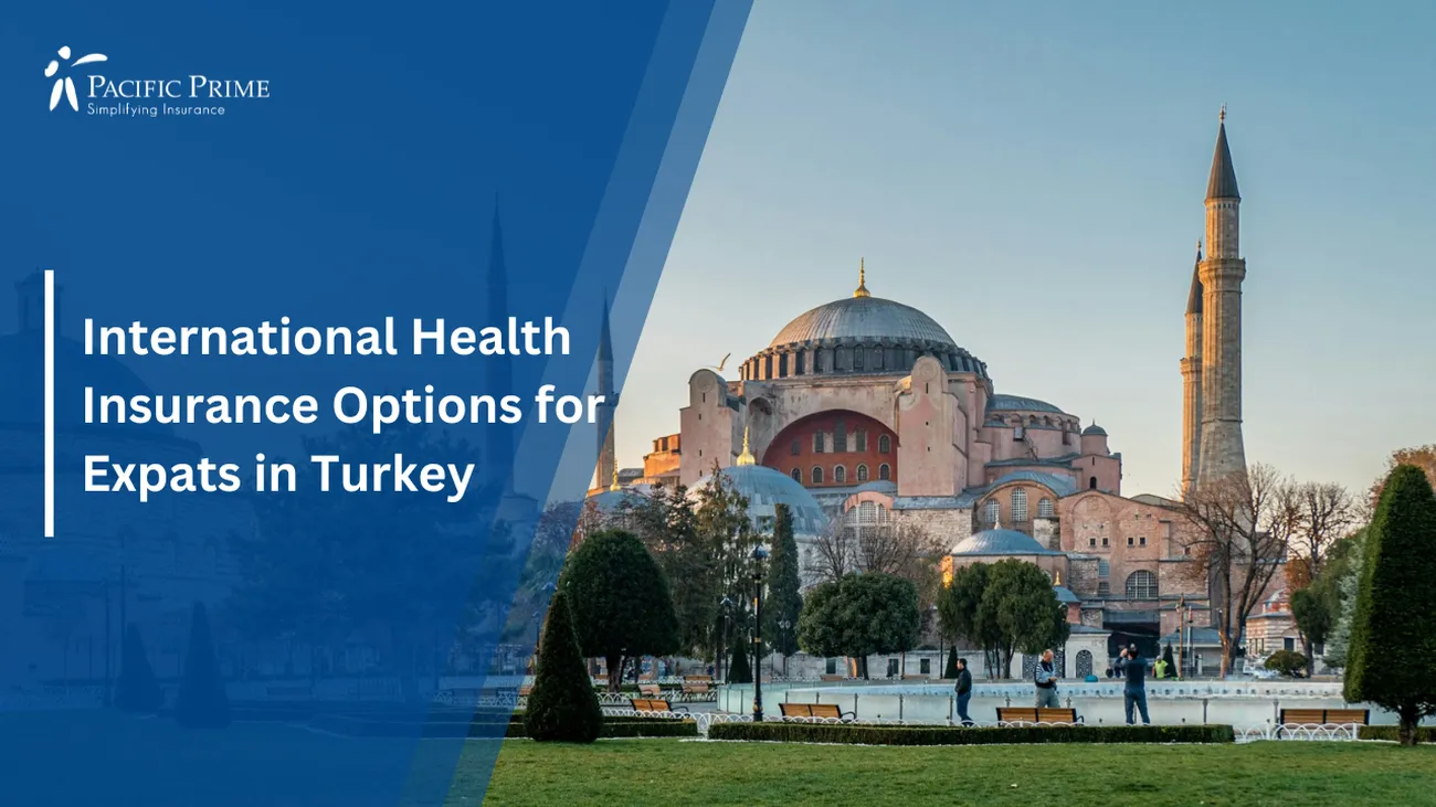 Image of Hagia Sophia In Istanbul Under A Clear Blue Sky During Daytime with text overlay of "International Health Insurance Options for Expats in Turkey"