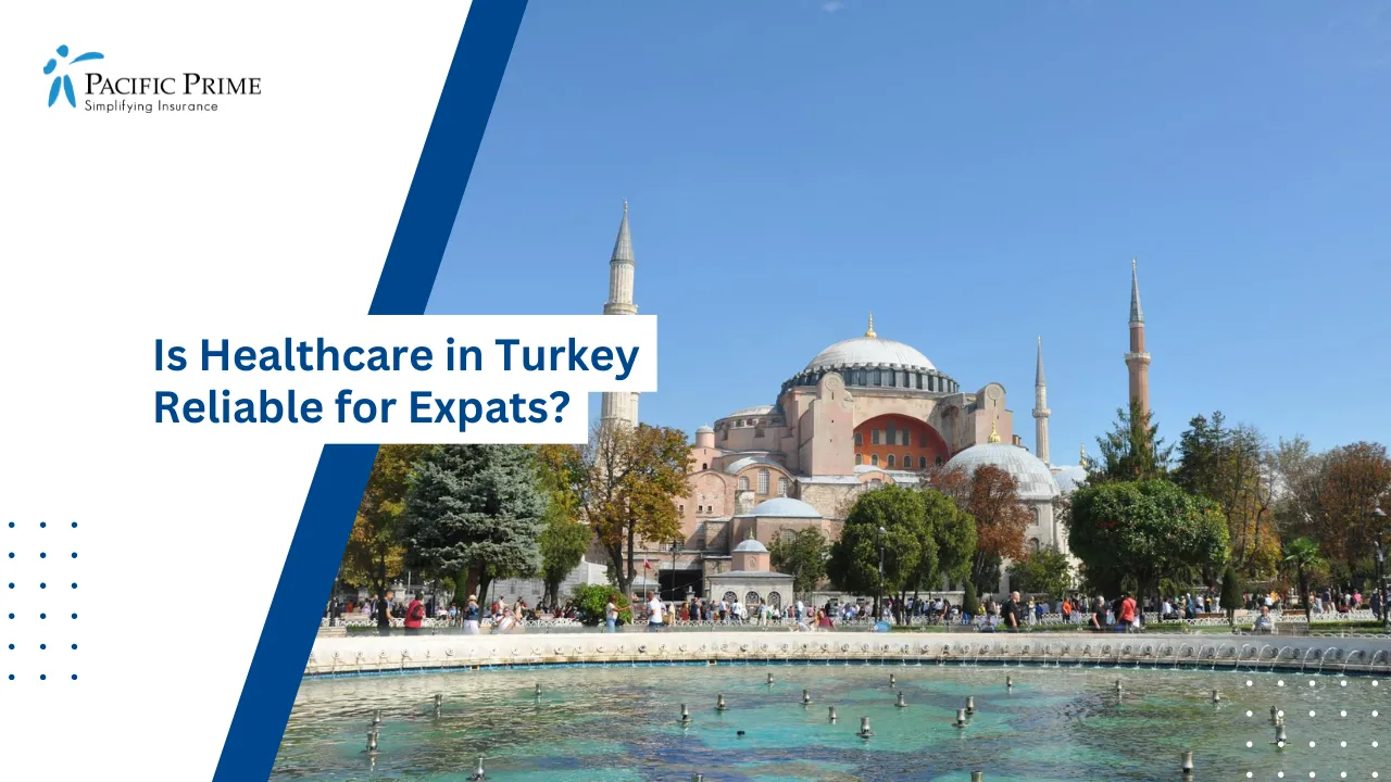 Image of Hagia Sophia With Blue Sky And Fountain In Foreground, Istanbul with text overlay of "Top Hospitals in Turkey for Expats and Tourists"