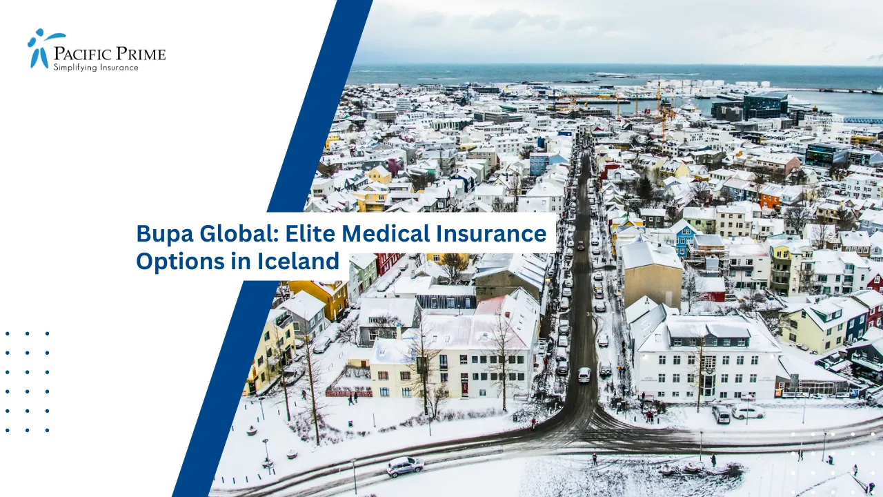 Image of Hallgrímskirkja Church Tower With Panoramic View Of Reykjavík, Iceland with text overlay of "Bupa Global: Elite Medical Insurance Options in Iceland"