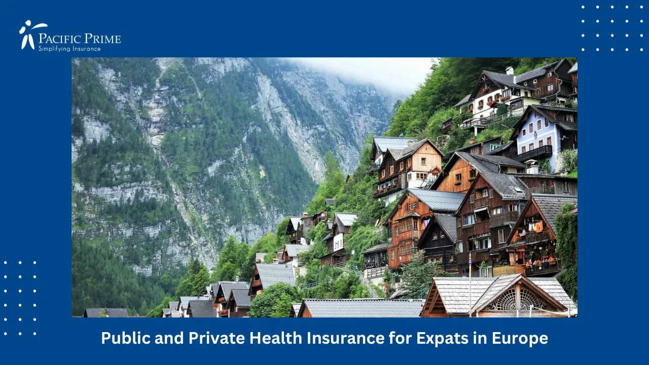 Image of Hallstatt Village And Lake With Mountain Backdrop On A Clear Day with text overlay of "Public and Private Health Insurance for Expats in Europe"