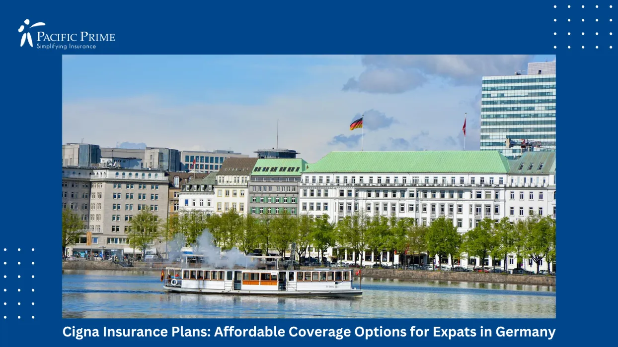 Image of Hamburg Waterfront With Passing Boat And Historic Facades Under Bright Skies with text overlay of "Cigna Insurance Plans: Affordable Coverage Options for Expats in Germany"