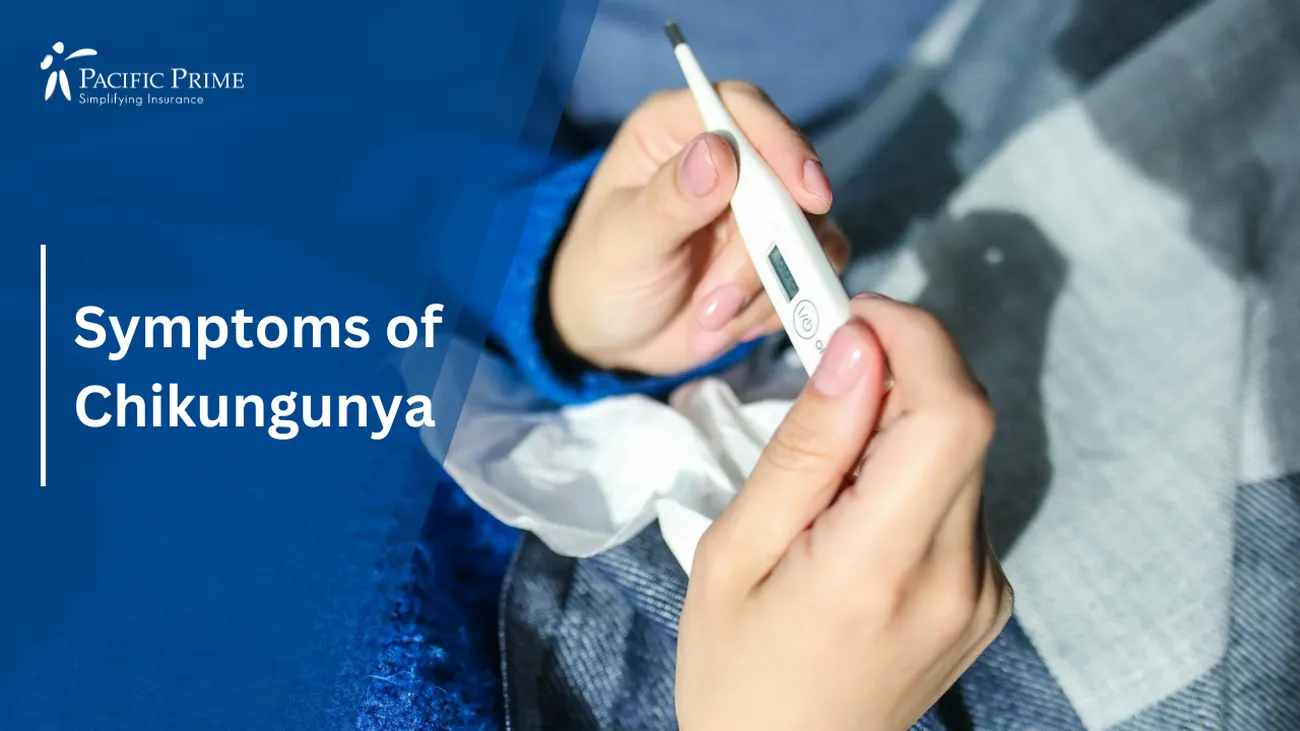 Image of Hand Holding A Digital Thermometer Close-up with text overlay of "Symptoms of Chikungunya"
