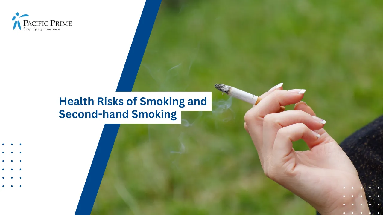 Image of Hand Holding A White Cigarette Stick During Daytime with text overlay of "Health Risks of Smoking and Second-hand Smoking"