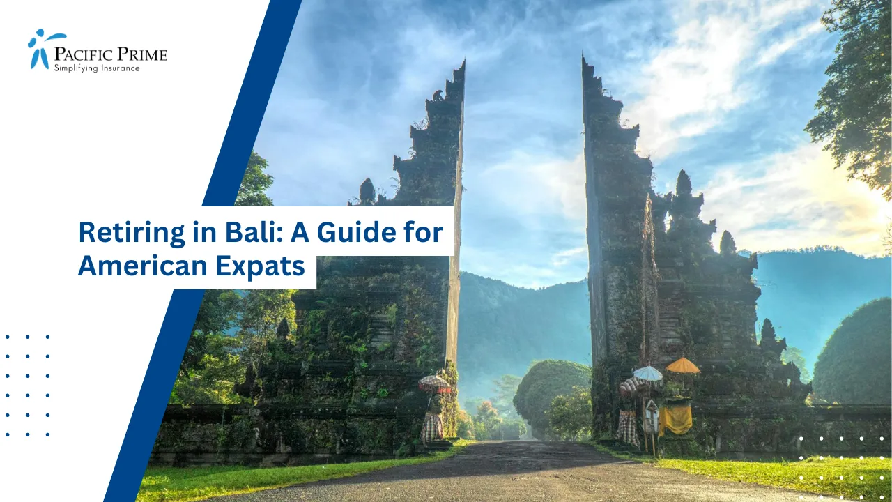 Image of Handara Gate With Mountain Backdrop And Vibrant Green Surroundings with text overlay of "Retiring in Bali: A Guide for American Expats"