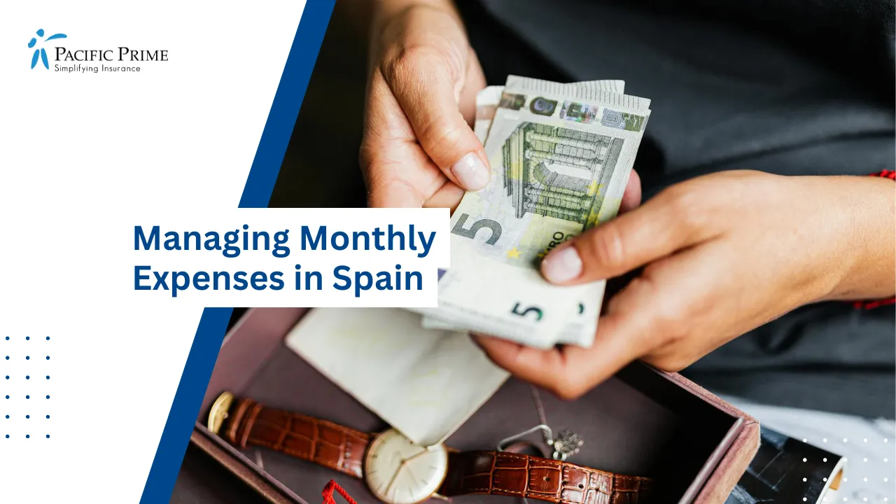 Image of Hands Counting Euro Bills Beside A Boxed Wristwatch with text overlay of "Managing Monthly Expenses in Spain"