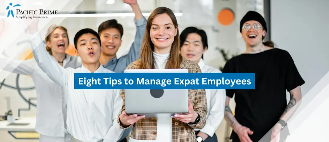 Image of Happy Diverse Team Celebrating Together In A Modern Office Setting with text overlay of "Eight Tips to Manage Expat Employees"