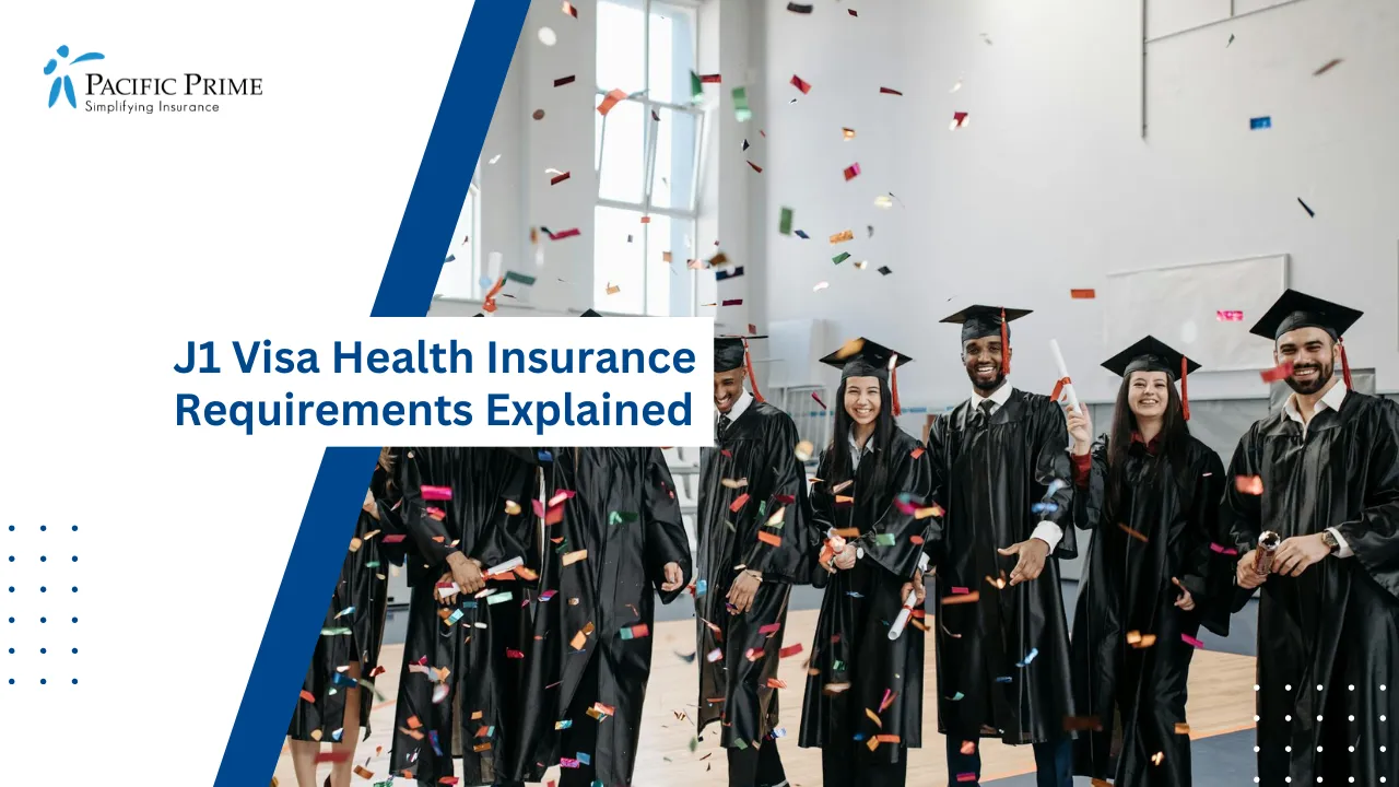 Image of Happy Graduates Celebrating With Confetti Indoors with text overlay of "J1 Visa Health Insurance Requirements Explained"