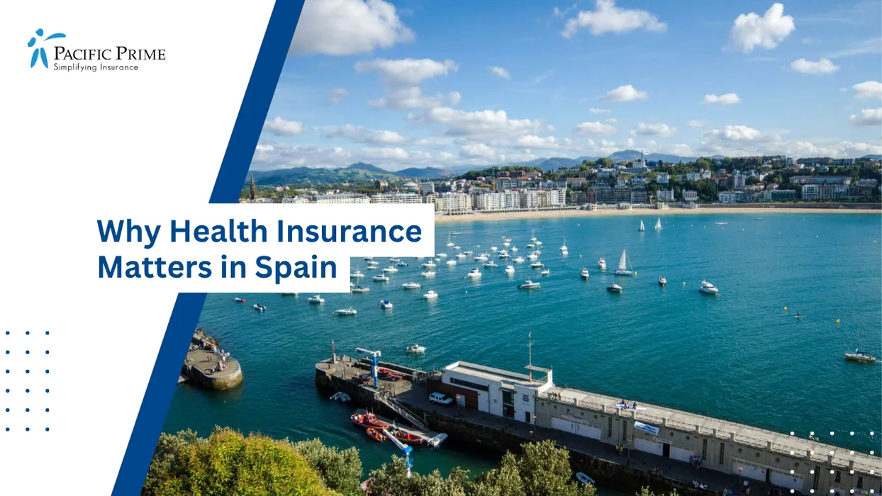Image of Harbor View With Boats Scattered Across Coastal Waters In San Sebastian with text overlay of "Why Health Insurance Matters in Spain"