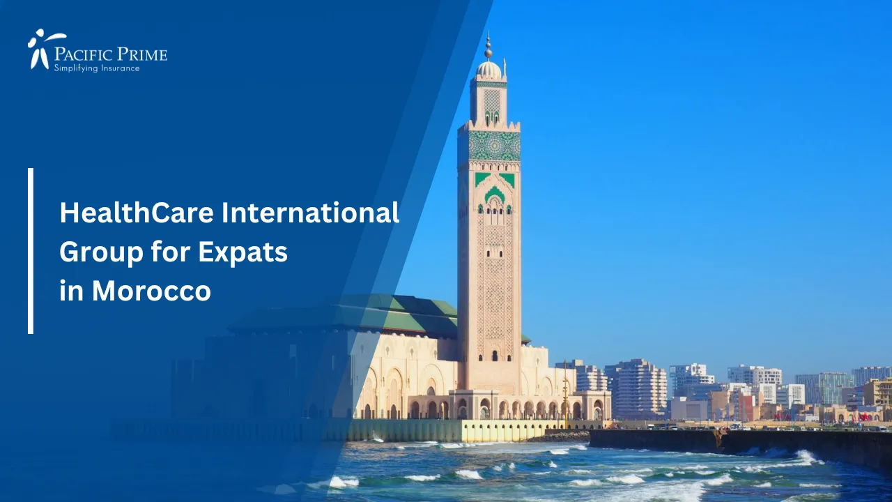 Image of Hassan II Mosque By The Atlantic In Casablanca with text overlay of "HealthCare International Group for Expats in Morocco"