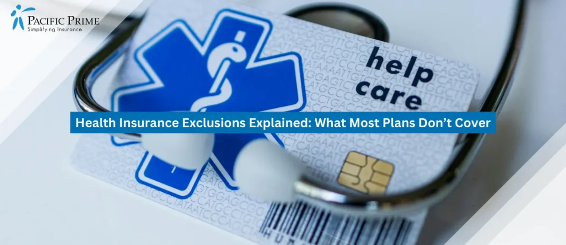 Image of Health ID Card Beside A Stethoscope On A Clinical Desk Setting with text overlay of "Health Insurance Exclusions Explained: What Most Plans Don’t Cover"