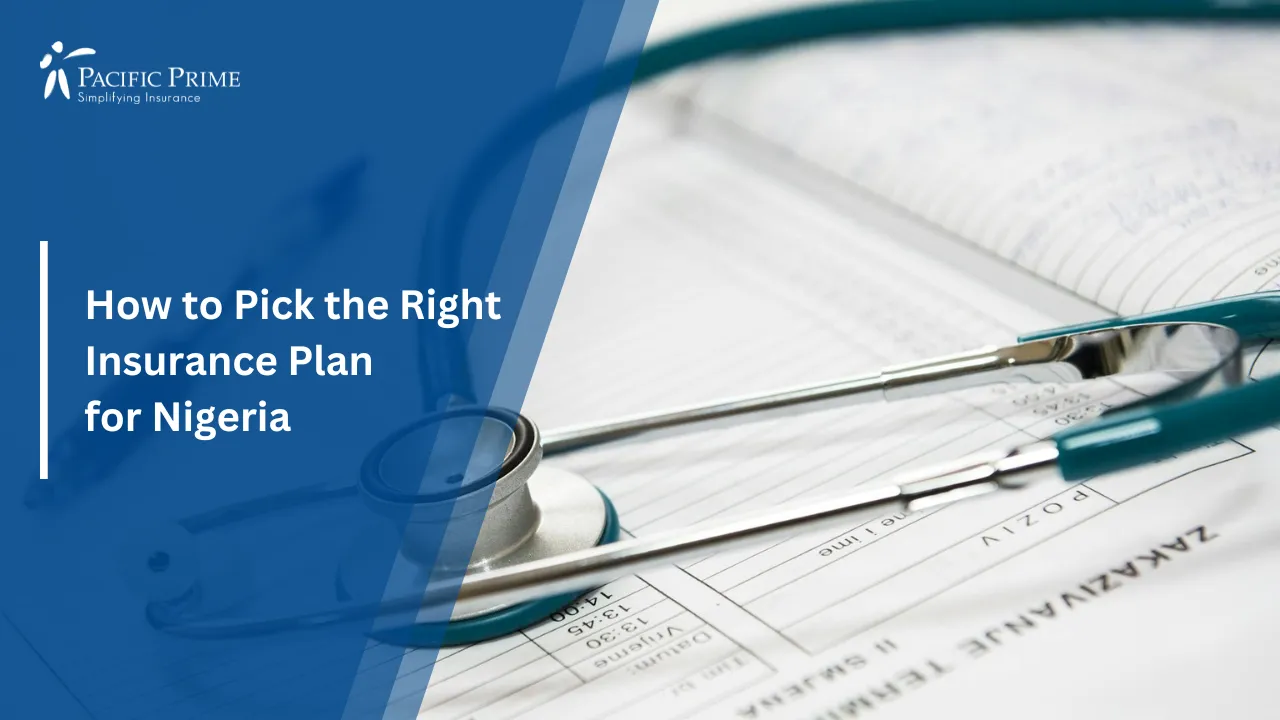 Image of Healthcare Document With Stethoscope And Pen with text overlay of "How to Pick the Right Insurance Plan for Nigeria"