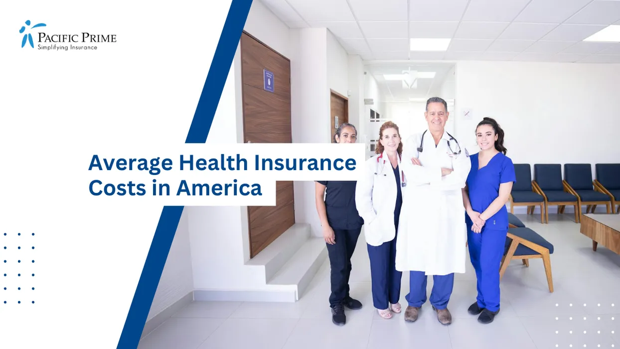 Image of Healthcare Professionals In Clinical Uniforms Standing Together Inside A Medical Facility with text overlay of "Average Health Insurance Costs in America"