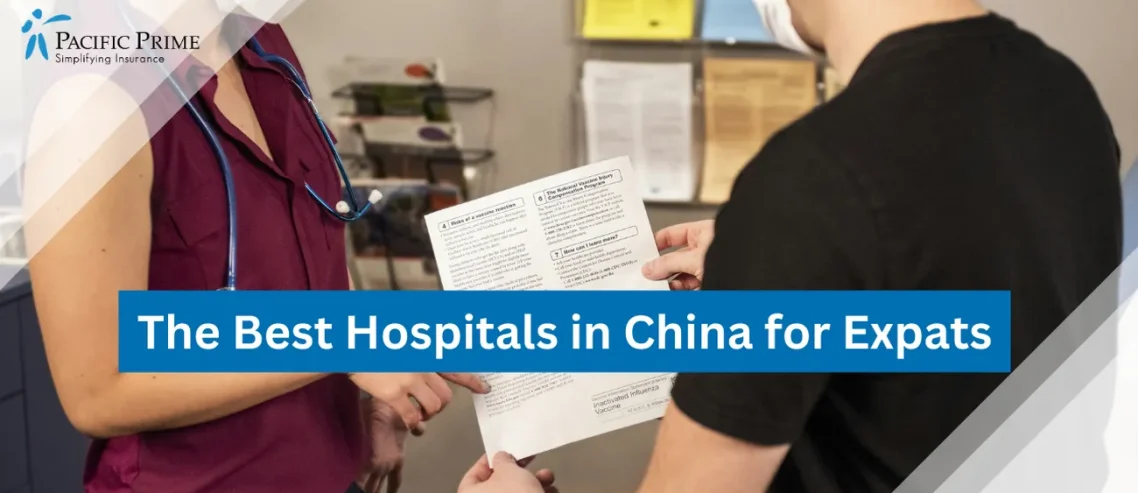 Image of Healthcare Provider Discussing Flu Vaccine Options With Patient with text overlay of "The Best Hospitals in China for Expats"