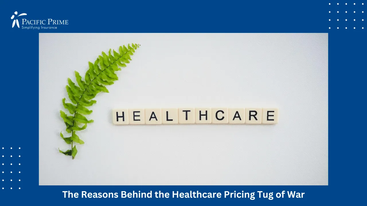 Image of Healthcare Text On Screen Beside A Green Fern Leaf with text overlay of "The Reasons Behind the Healthcare Pricing Tug of War"