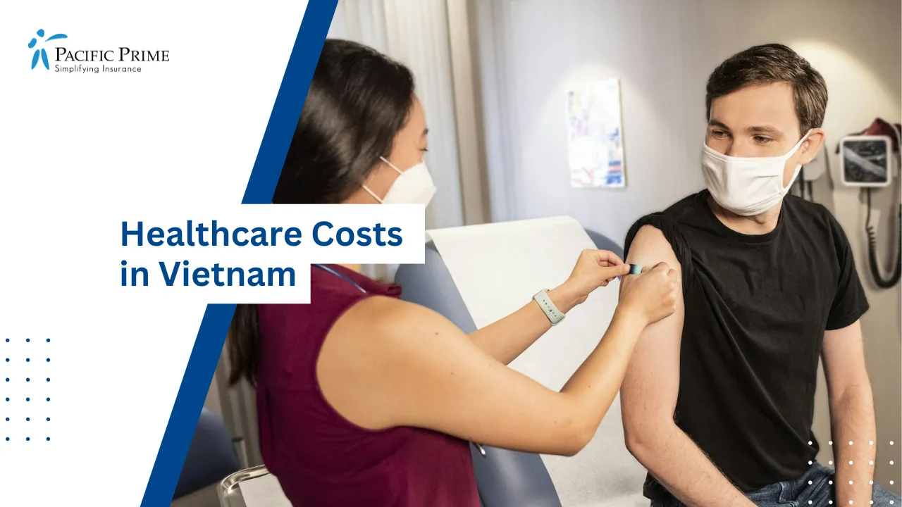 Image of Healthcare Worker Applies Bandage After Patient Receives Flu Shot with text overlay of "Healthcare Costs in Vietnam"