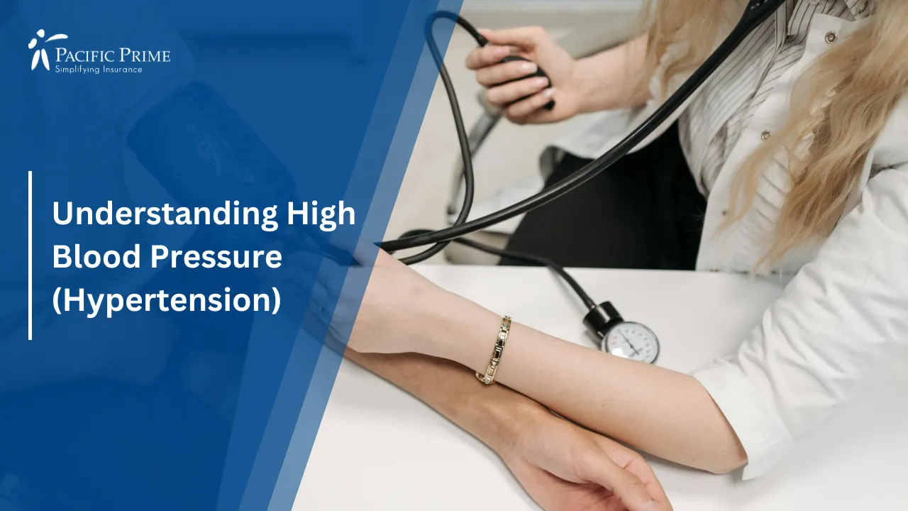 Image of Healthcare Worker Checking Patient’s Blood Pressure With Cuff with text overlay of "Understanding High Blood Pressure (Hypertension)"